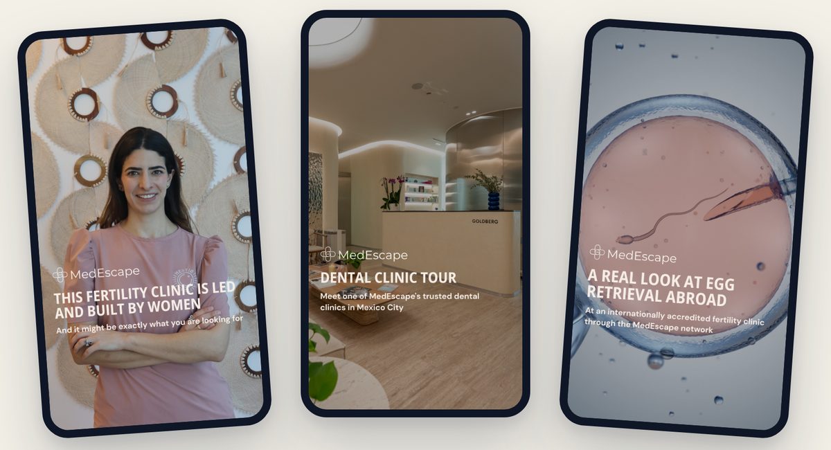 Three MedEscape Reel covers: a fertility clinic led by women, a dental clinic tour, and a look at egg retrieval