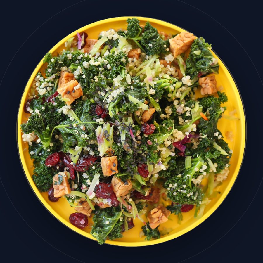 Veestro meal photographed from above on a yellow plate